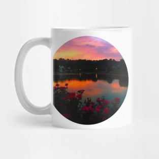 Beautiful Lake By The Countryside Under The Sunset Sky Surrounded By Pink Roses! Mug